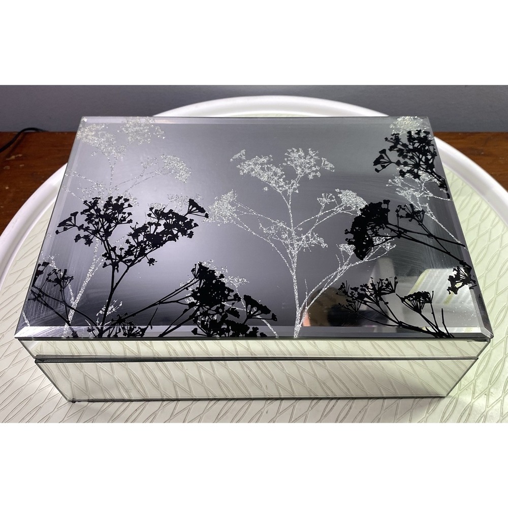 Mirrored Glass Jewelry Trinket Keepsake Box Black&Silver trees 10x7x4"
